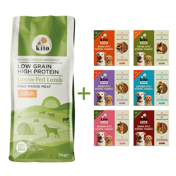 Kuzu Etli Yetişkin Köpek Maması 7 Kg + Kito Fresh %100 Taze İçerikli Mama Tanışma Paketi