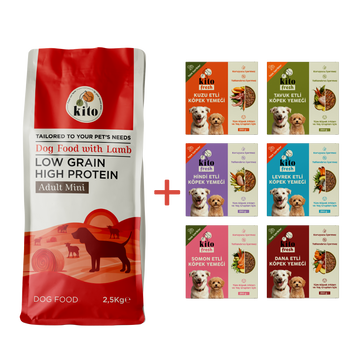 Kuzu Etli Yetişkin Mini Irk Köpek Maması 2.5 KG + Kito Fresh %100 Taze İçerikli Mama Tanışma Paketi