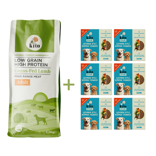 Kuzu Etli Yetişkin Köpek Maması 2,5 Kg + 6 Adet Kito Fresh Levrek Etli %100 Taze İçerikli Mama