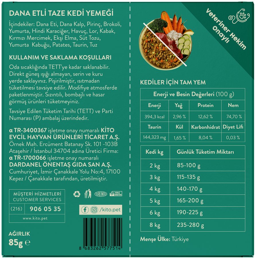 3 Günde 1 Sevindir Paketi Kito Fresh Dana Etli Kedi Yemeği 85 gr (10 Adet)