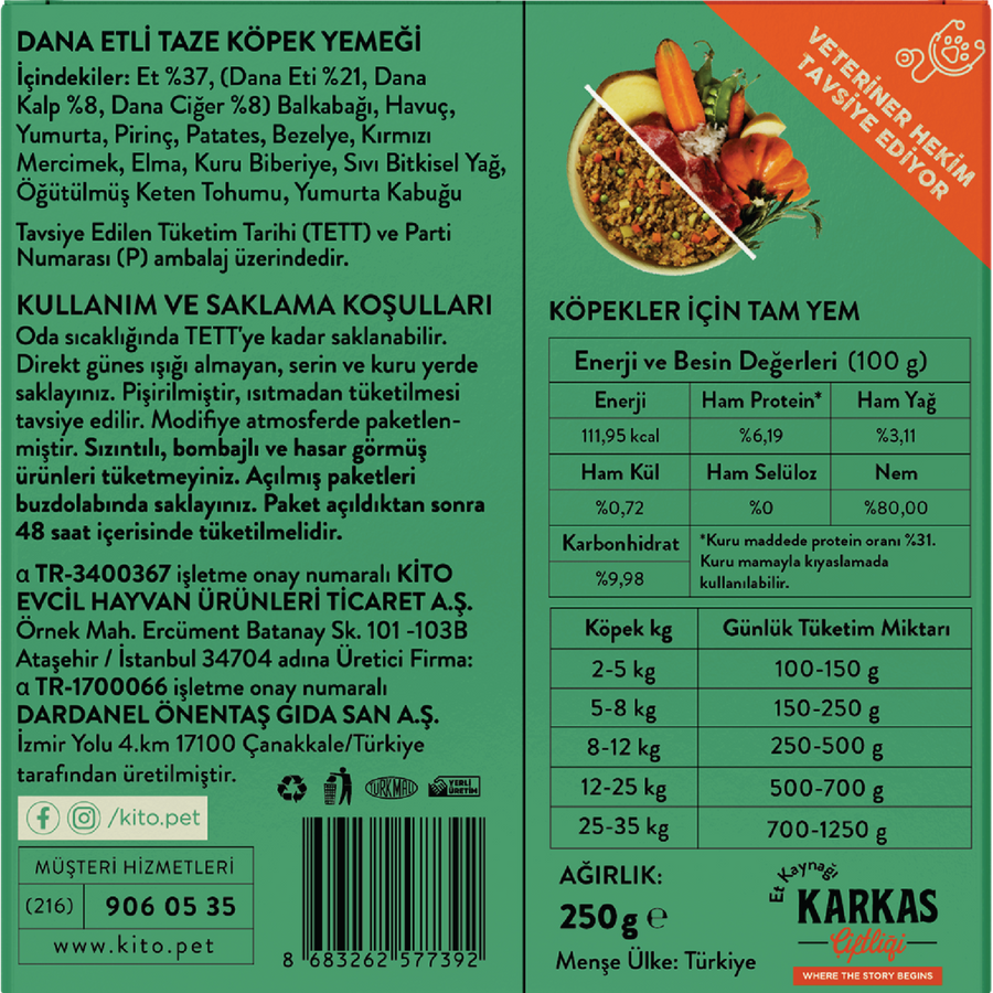 Make Them Happy Pack - Once Every 3 Days, Kito Fresh Dog Food with Beef 250 gr (10 Pieces)