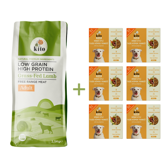 Kuzu Etli Yetişkin Köpek Maması 2,5 Kg + 6 Adet Kito Fresh Hindi Etli %100 Taze İçerikli Mama