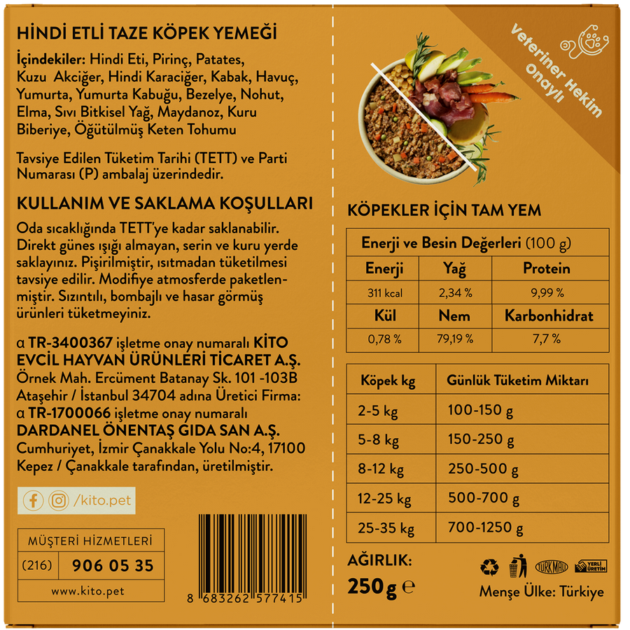 Hindi Etli Kito Fresh x60 (Orta Irk Köpekler için Aylık Kito Fresh Paketi)