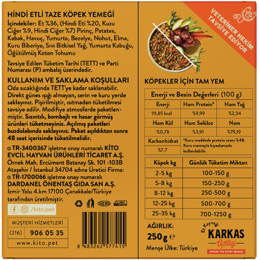 Kito Fresh Hindi Etli Köpek Yemeği 250 gr