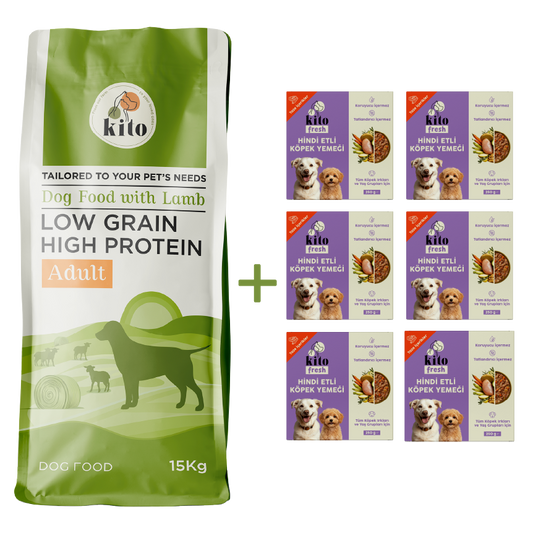 Kuzu Etli Yetişkin Köpek Maması 15 Kg + 6 Adet Kito Fresh Hindi Etli %100 Taze İçerikli Mama