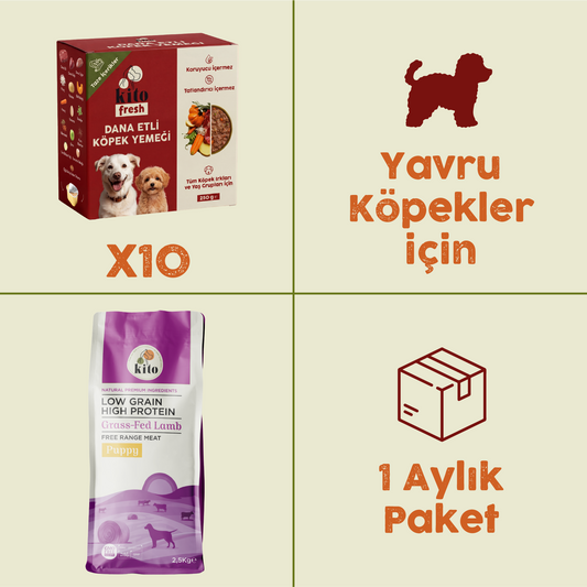 10 Adet Kito Fresh Dana Etli Köpek Yemeği %100 Taze İçerikli Mama + 2,5 kg Yavru Köpek Maması