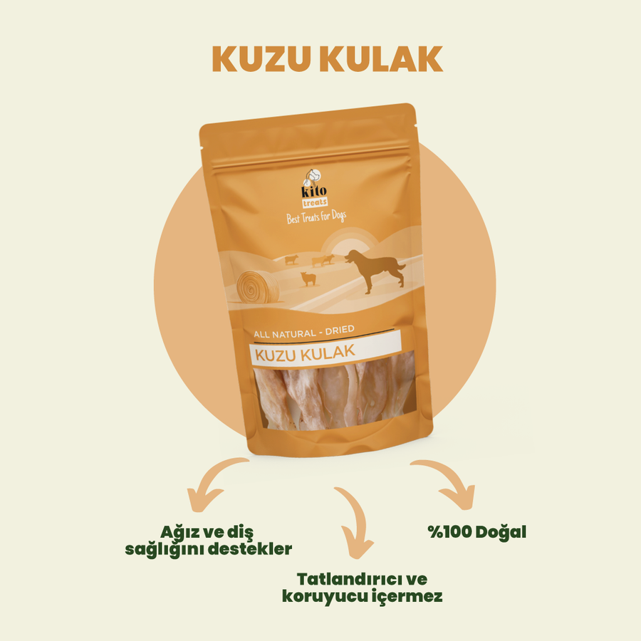 Kito Kurutulmuş Kuzu Kulak Çiğnemelik Köpek Ödül Maması %100 Doğal, Glutensiz, Organik 100 gr