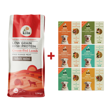 Kuzu Etli Yetişkin Mini Irk Köpek Maması 2.5 KG + Kito Fresh %100 Taze İçerikli Mama Tanışma Paketi