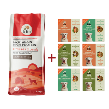 Kuzu Etli Yetişkin Mini Irk Köpek Maması 2.5 KG + Kito Fresh %100 Taze İçerikli Mama Tanışma Paketi