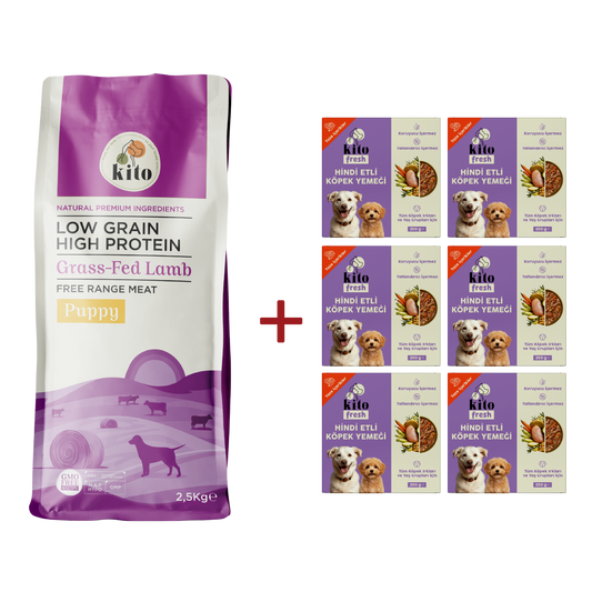 Kuzu Etli Yavru Köpek Maması 2.5 KG + 6 Adet Kito Fresh Hindi Etli %100 Taze İçerikli Mama
