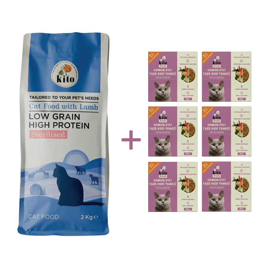 Sterilised Cat Food 2 KG + Kito Fresh Cat Food with Salmon X 6