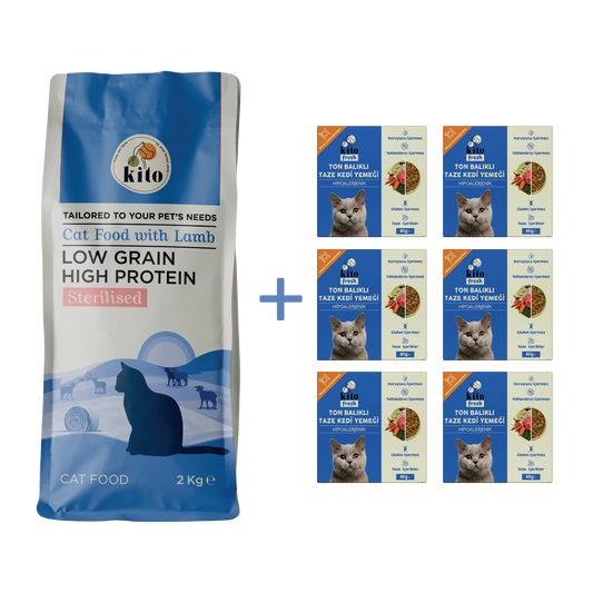 Sterilised Cat Food 2 KG + Kito Fresh Cat Food with Tuna X 6