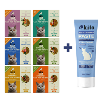 Kediler için Kito Fresh Tanışma Paketi + Kısır veya Yetişkin Kediler İçin Tüy Yumağı Önleyici ve Sindirim Destekleyici Malt Macunu 100g