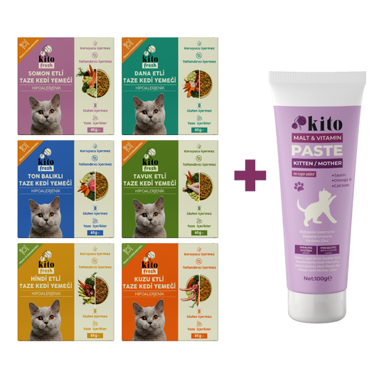 Kediler için Kito Fresh Tanışma Paketi + Yavru Kediler İçin Tüy Yumağı Önleyici ve Sindirim Destekleyici Malt Macunu 100g