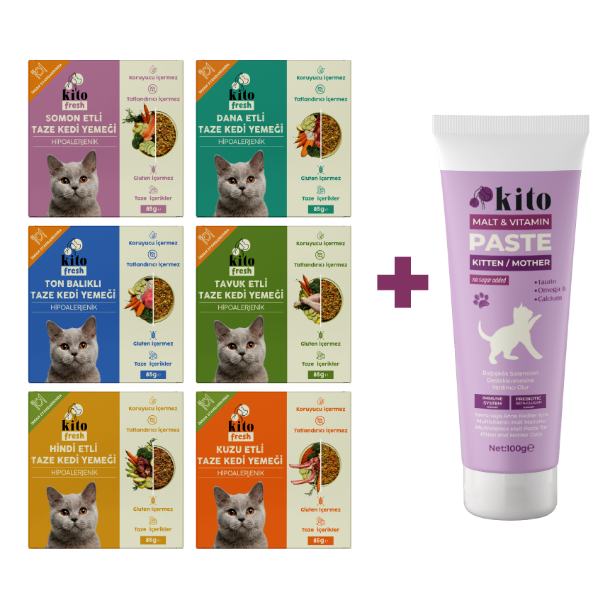 Kediler için Kito Fresh Tanışma Paketi + Yavru Kediler İçin Tüy Yumağı Önleyici ve Sindirim Destekleyici Malt Macunu 100g