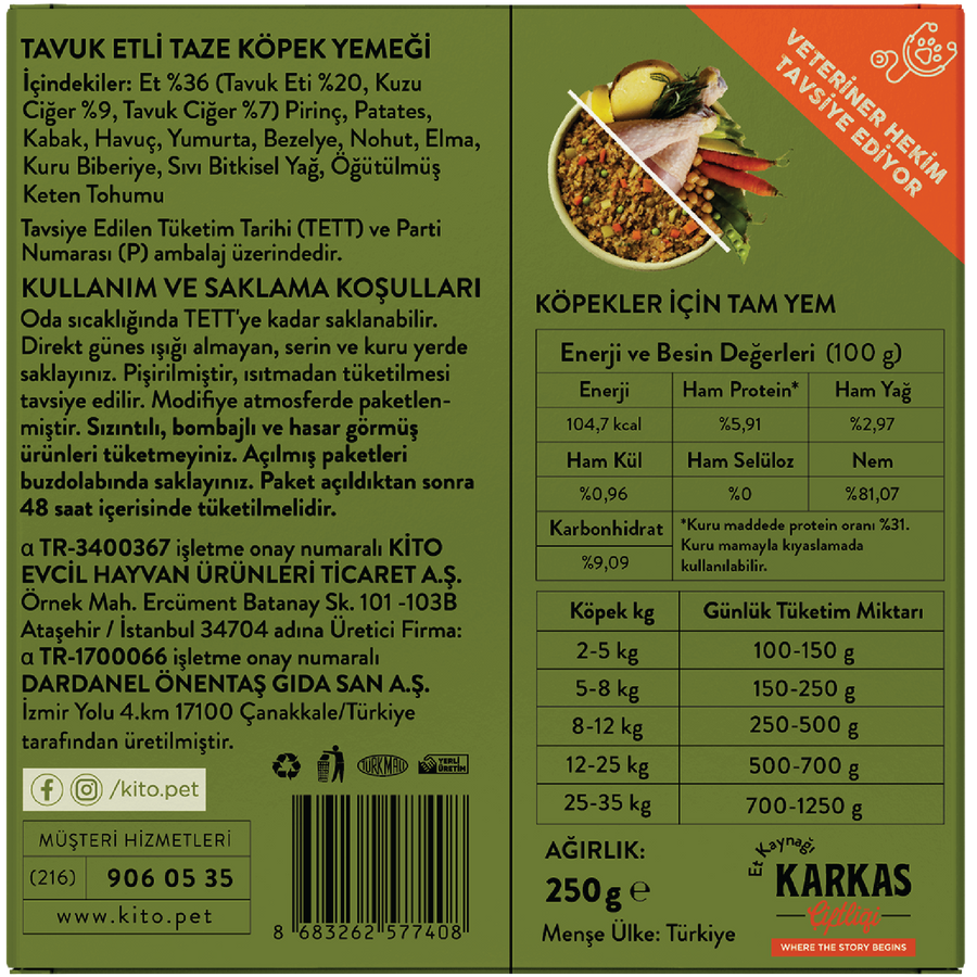 Make Them Happy Pack - Once Every 3 Days, Kito Fresh Dog Food with Chicken 250 gr (10 Pieces)
