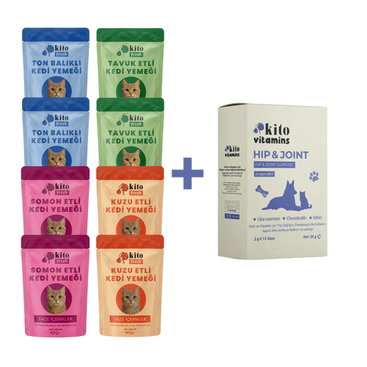 Kito Hip & Joint Eklem ve Kas Sağlığı Destekleyici + Kito Fresh Kediler için %100 Taze İçerikli Mama Tanışma Paketi