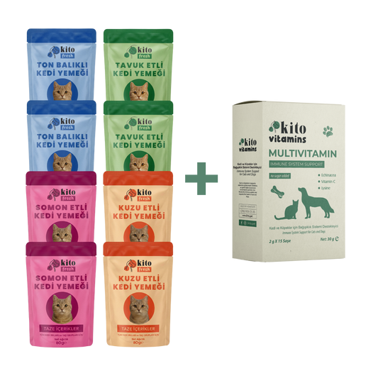 Kito Multivitamin Bağışıklık Sistemi Destekleyici + Kito Fresh Kediler için %100 Taze İçerikli Mama Tanışma Paketi