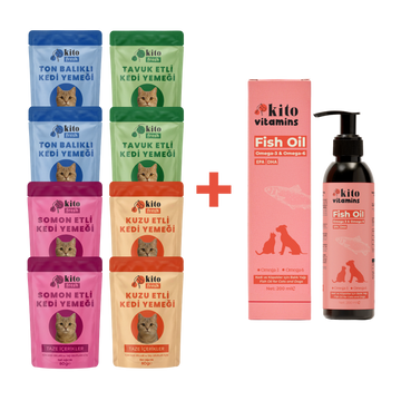 Kito Kedi ve Köpekler için Balık Yağı 200 ml + Kito Fresh Kediler için %100 Taze İçerikli Mama Tanışma Paketi