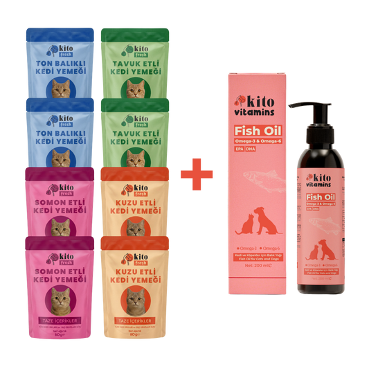 Kito Kedi ve Köpekler için Balık Yağı 200 ml + Kito Fresh Kediler için %100 Taze İçerikli Mama Tanışma Paketi