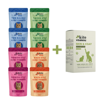 Kito Skin&Coat Tüy Sağlığı Destekleyici Damla + Kito Fresh Kediler için %100 Taze İçerikli Mama Tanışma Paketi (Copy)
