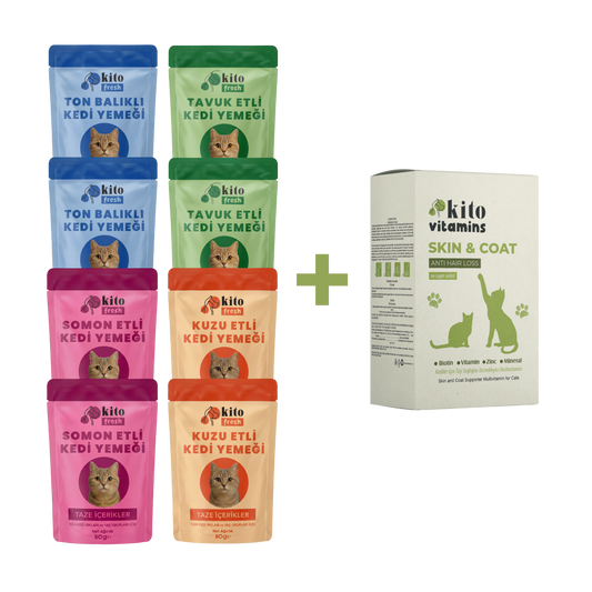 Kito Skin&Coat Tüy Sağlığı Destekleyici Damla + Kito Fresh Kediler için %100 Taze İçerikli Mama Tanışma Paketi (Copy)