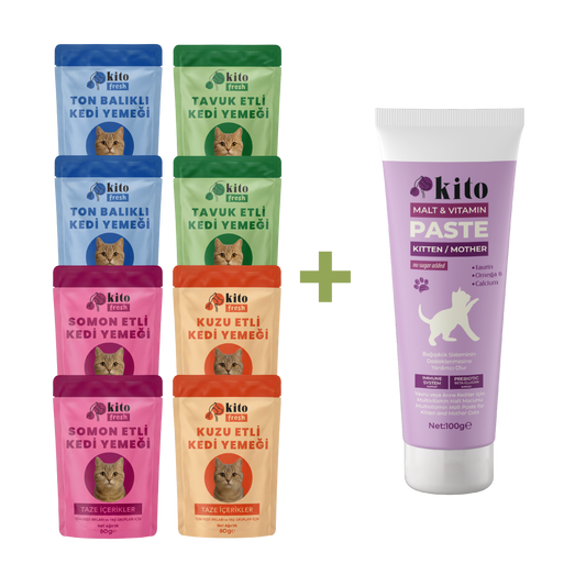 Kito Yavru Kediler için Malt Macunu 100g + Kito Fresh Kediler için %100 Taze İçerikli Mama Tanışma Paketi