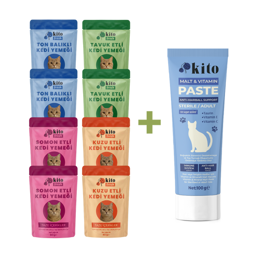 Kito Kediler için Tüy Yumağı Önleyici Malt 100g + Kito Fresh Kediler için %100 Taze İçerikli Mama Tanışma Paketi